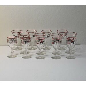 VINTAGE LIBBEY Set Of 13 Stemmed Cocktail Wine Glasses 5" Tall Farmer Horse Race